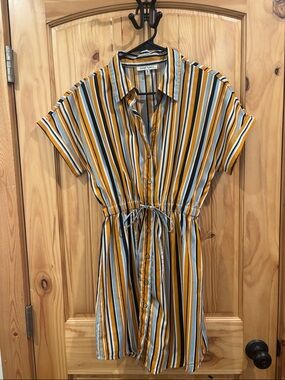 MOD Inspired Striped Button-Front Drawstring Dress in Mustard/Blue